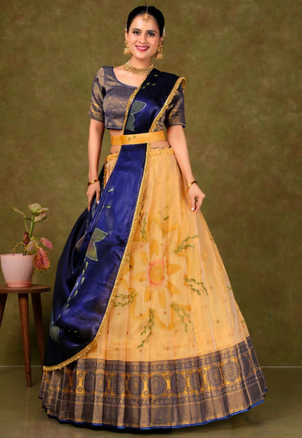 Gold Burberry Pattu Lehenga Choli With Digital Print