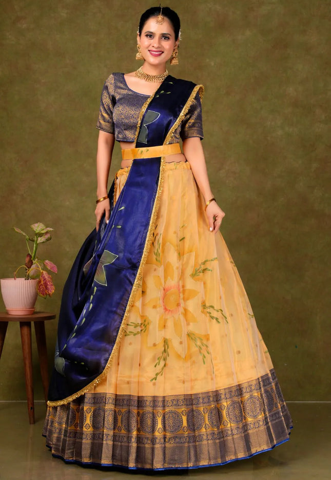 Gold Burberry Pattu Lehenga Choli With Digital Print