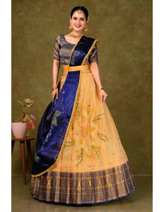 Gold Burberry Pattu Lehenga Choli With Digital Print