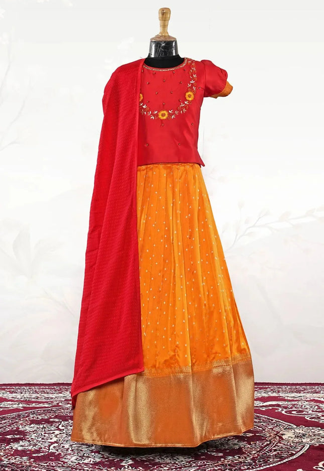 Gold Classic Zari Border Lehenga Choli for Girls with Net Dupatta