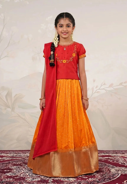 Gold Classic Zari Border Lehenga Choli for Girls with Net Dupatta