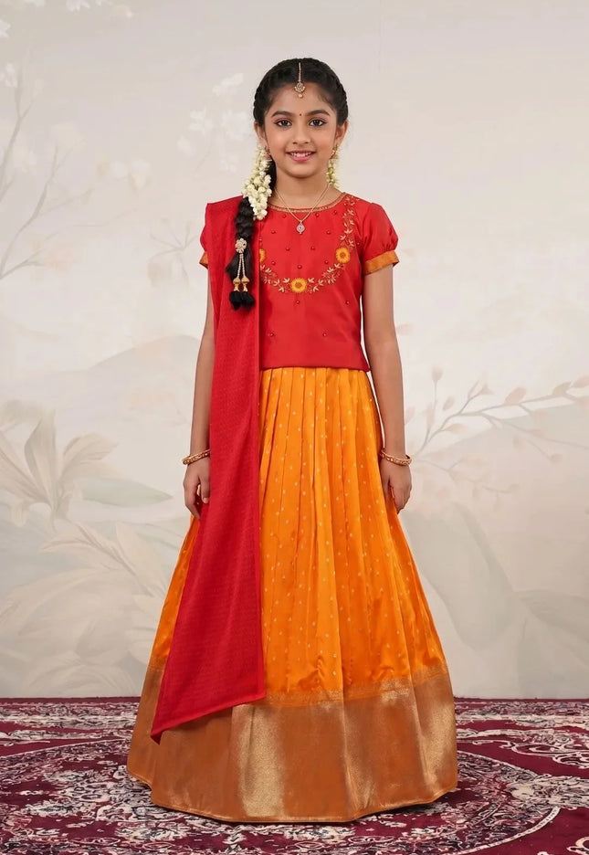 Gold Classic Zari Border Lehenga Choli for Girls with Net Dupatta