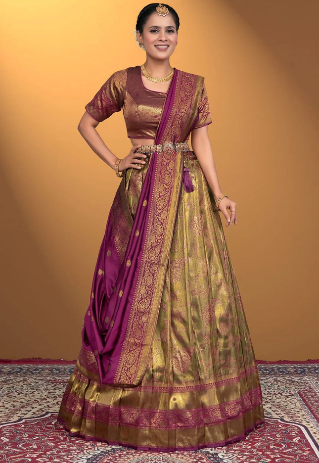 Gold Designer Banarasi Silk Lehenga Choli For Girls
