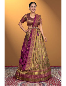 Gold Designer Banarasi Silk Lehenga Choli For Girls