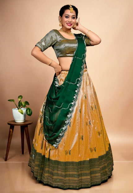 Gold Designer Self Jacquard Pattu Lehenga With Zari Work