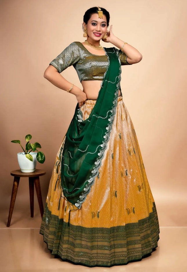 Gold Designer Self Jacquard Pattu Lehenga With Zari Work