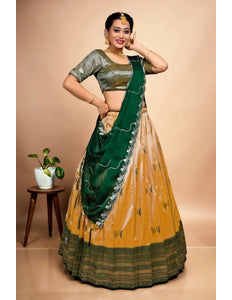 Gold Designer Self Jacquard Pattu Lehenga With Zari Work