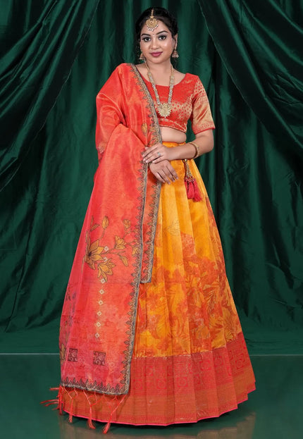 Gold Digital Printed Zari Tissue Lehenga Choli With Dupatta