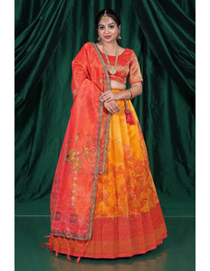 Gold Digital Printed Zari Tissue Lehenga Choli With Dupatta