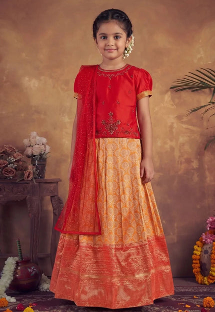 Gold Girls Jacquard Print Pattu Pavadai Kids Cultural Occasion Dress