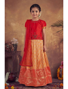 Gold Girls Jacquard Print Pattu Pavadai Kids Cultural Occasion Dress