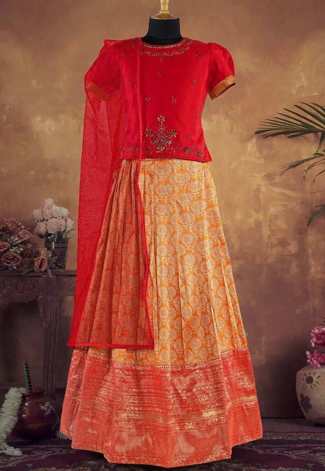Gold Girls Jacquard Print Pattu Pavadai Kids Cultural Occasion Dress
