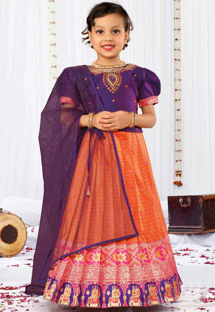 Gold Heavy Border Woven Lehenga Choli with Net Dupatta Kids Festive Wear