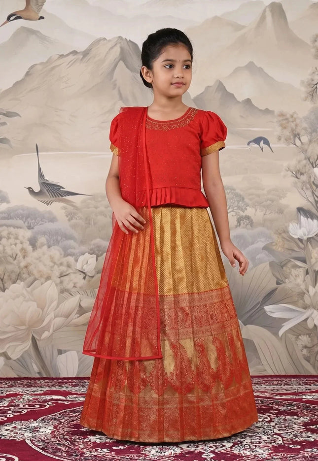 Gold Kids Silk Pattu Pavadai Set featuring Pleated Waistband Accent