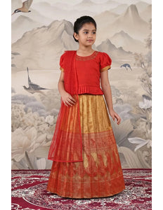 Gold Kids Silk Pattu Pavadai Set featuring Pleated Waistband Accent