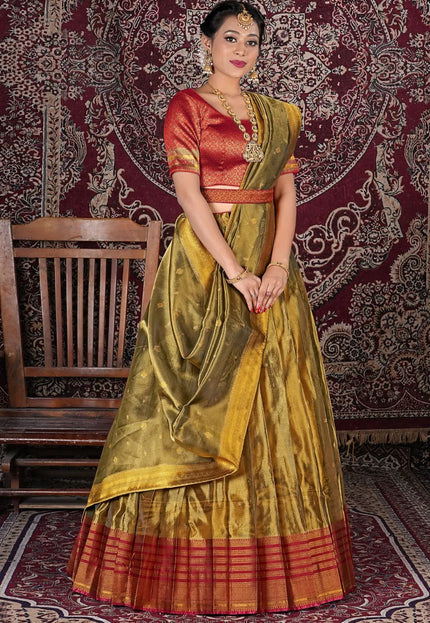 Gold Latest Designer Tissue Silk Lehenga Choli With Dupatta