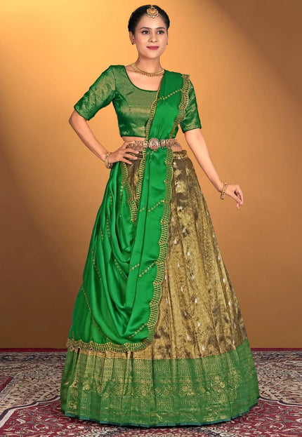 Gold Latest Zari Self Jacquard Lehenga Choli Set