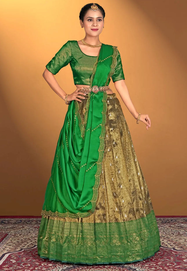 Gold Latest Zari Self Jacquard Lehenga Choli Set