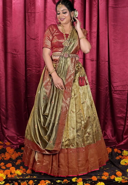 Gold Tissue Silk Zari Work Half Saree Lehenga For Women