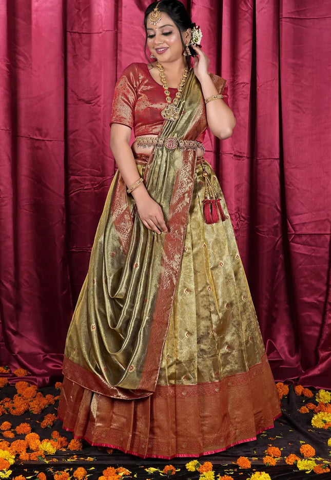 Gold Tissue Silk Zari Work Half Saree Lehenga For Women