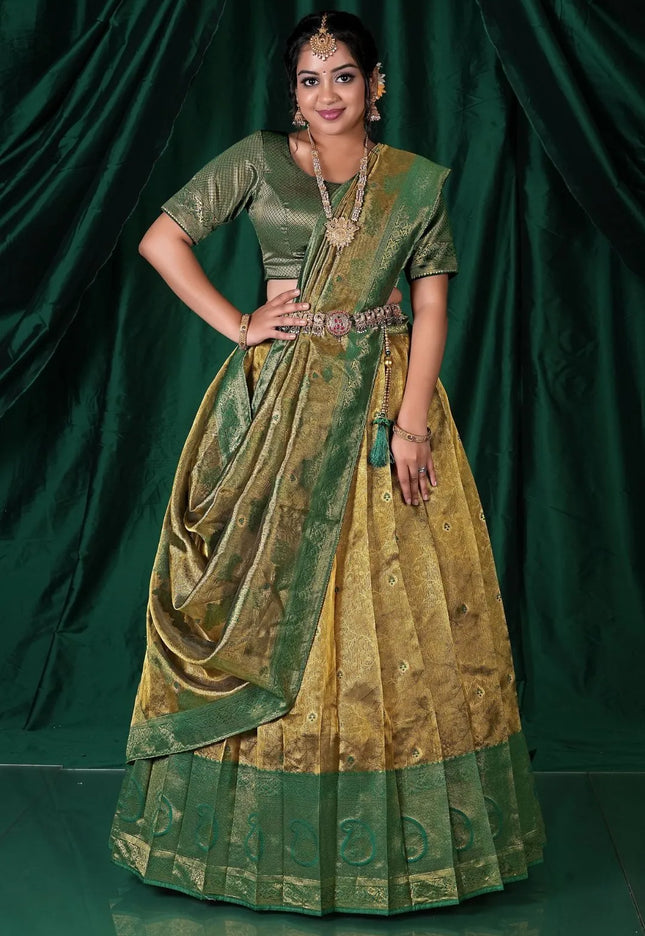 Gold Pure Zari Tissue Silk Pattu Half Saree For Women