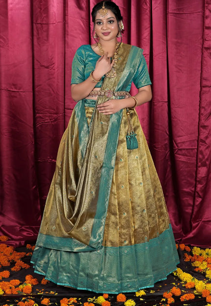 Gold Tissue Silk Zari Work Half Saree Lehenga For Women