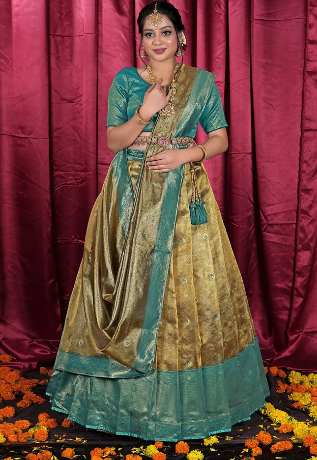 Gold Tissue Silk Zari Work Half Saree Lehenga For Women