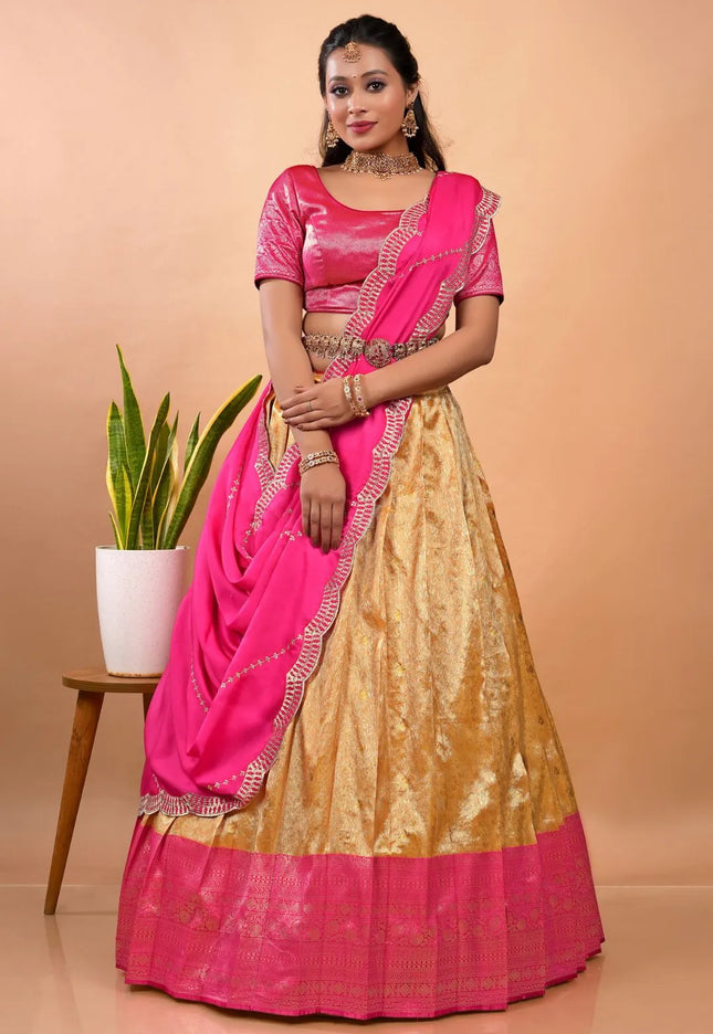 Gold Latest Zari Self Jacquard Lehenga Choli Set