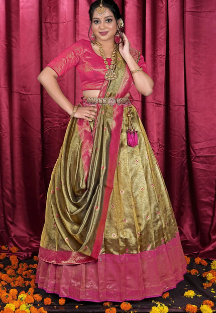 Gold Tissue Silk Zari Work Half Saree Lehenga For Women