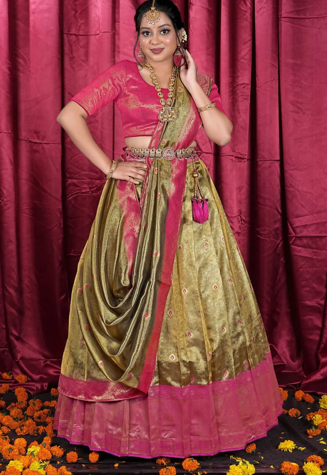 Gold Tissue Silk Zari Work Half Saree Lehenga For Women
