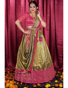 Gold Tissue Silk Zari Work Half Saree Lehenga For Women