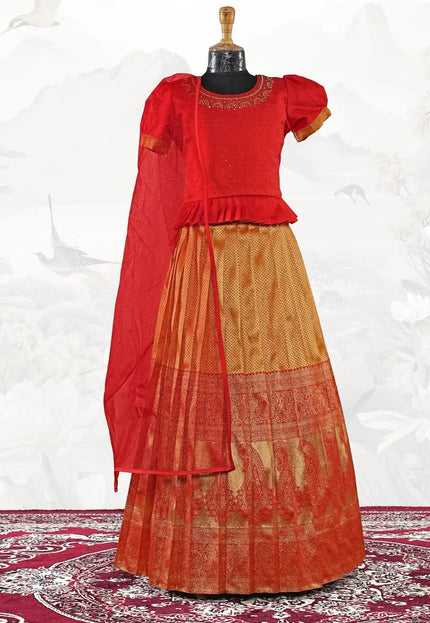 Gold Kids Silk Pattu Pavadai Set featuring Pleated Waistband Accent