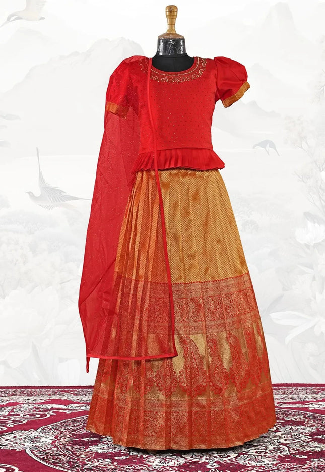 Gold Kids Silk Pattu Pavadai Set featuring Pleated Waistband Accent