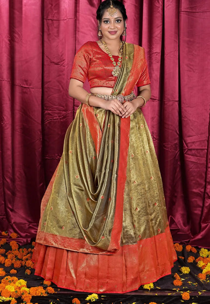 Gold Tissue Silk Zari Work Half Saree Lehenga For Women