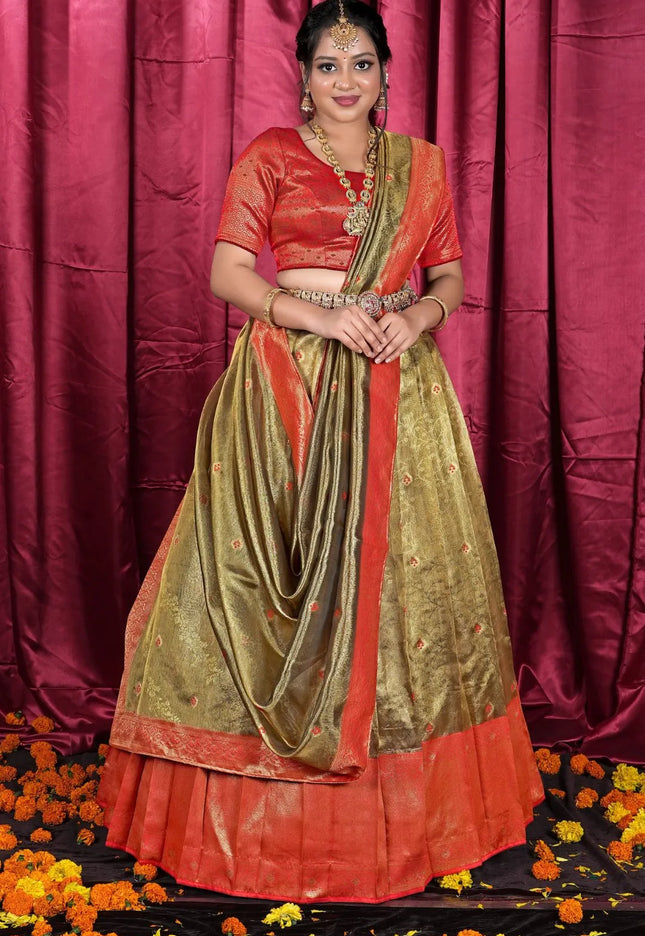 Gold Tissue Silk Zari Work Half Saree Lehenga For Women