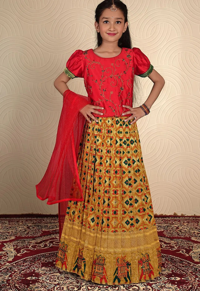 Gold Red Traditional Patola Style Lehenga Choli Set for Girls Festive Wear