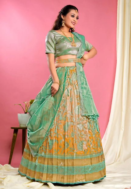 Gold Self Jacquard Lehenga Choli With Dupatta Set For Women