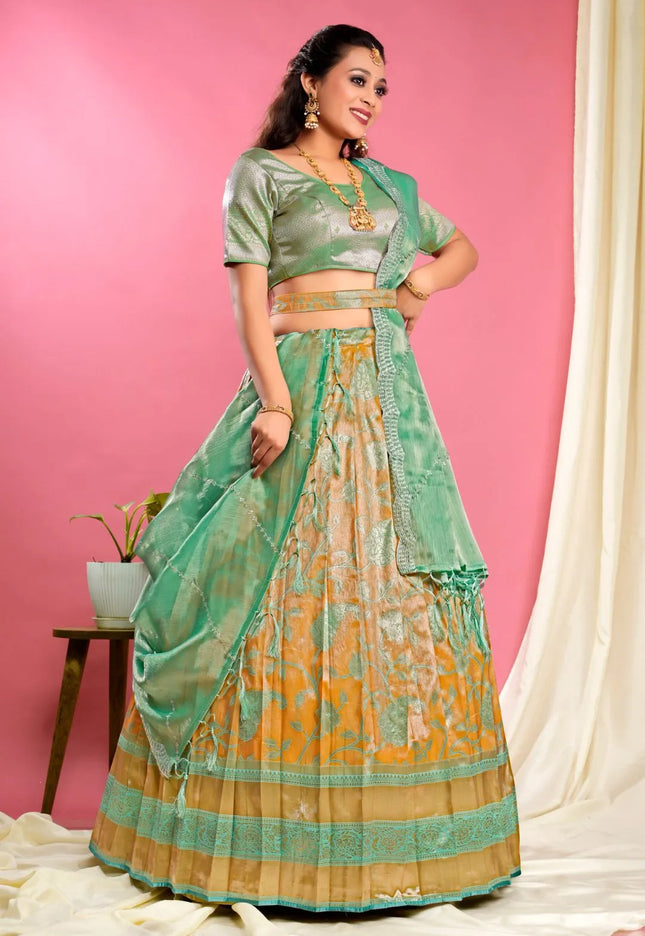 Gold Self Jacquard Lehenga Choli With Dupatta Set For Women