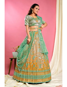 Gold Self Jacquard Lehenga Choli With Dupatta Set For Women