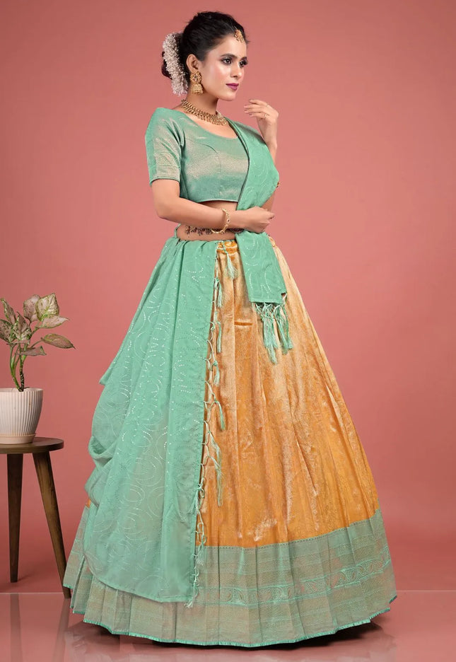 Gold Self Jacquard Lehenga Choli With Zari Woven
