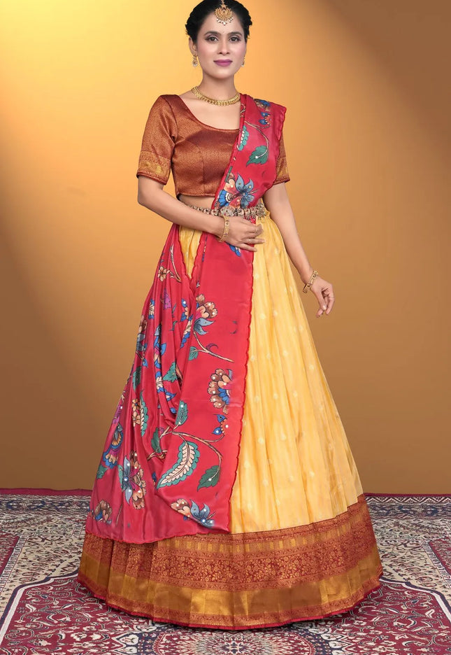 Gold Self Jacquard Semi-Stitched Lehenga For Women