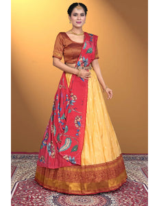 Gold Self Jacquard Semi-Stitched Lehenga For Women