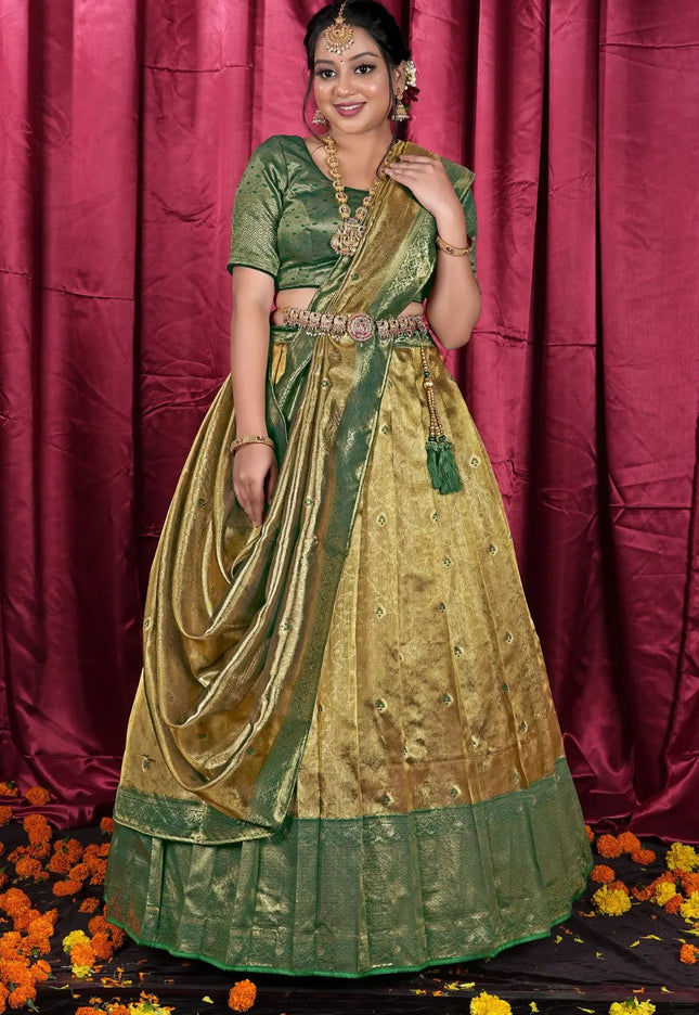 Gold Tissue Silk Zari Work Half Saree Lehenga For Women
