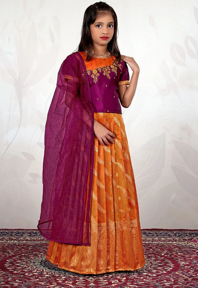 Gold Traditional Lehenga Choli Set with Purple Dupatta