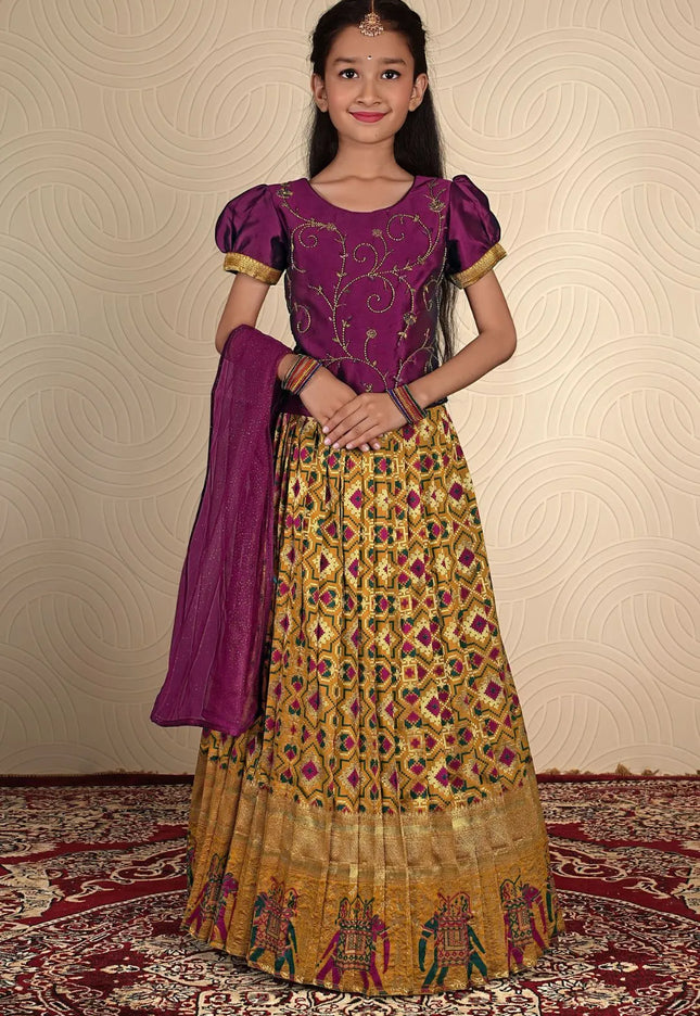 Gold Traditional Patola Style Lehenga Choli Set for Girls Festive Wear