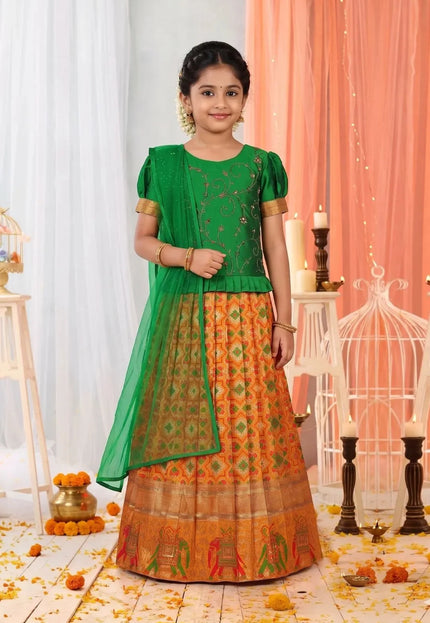 Gold Traditional Patola Style Lehenga Choli Set for Girls Festive Wear