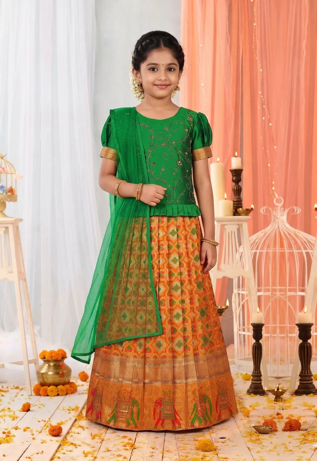 Gold Traditional Patola Style Lehenga Choli Set for Girls Festive Wear