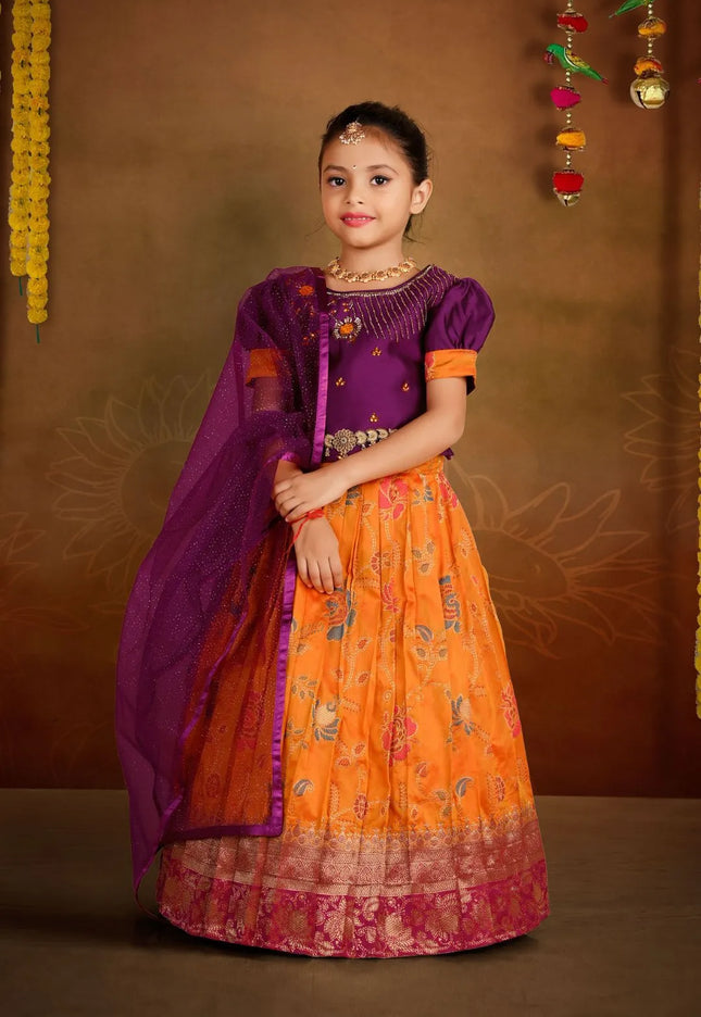 Gold Banarasi Kids Lehenga Choli with Red Dupatta For Girls