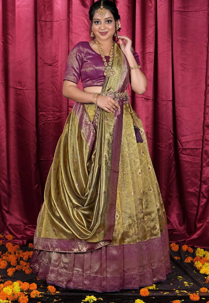 Gold Tissue Silk Zari Work Half Saree Lehenga For Women
