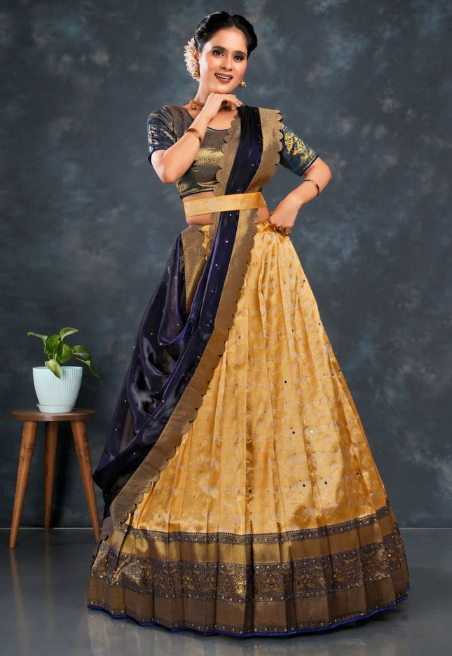 Gold Zari Tissue Silk Semi-Stitched Lehenga For Women